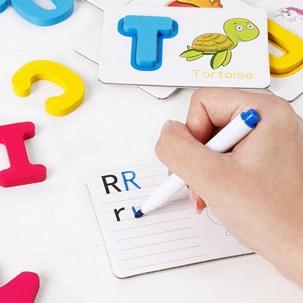 51Pcs Wooden English Alphabet Puzzle with Flash Paper Cards with Pen