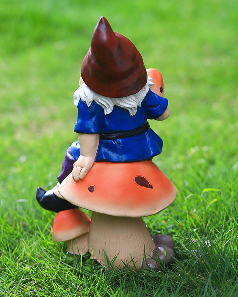 Polyresin Happy Gnome on Mushroom Statue