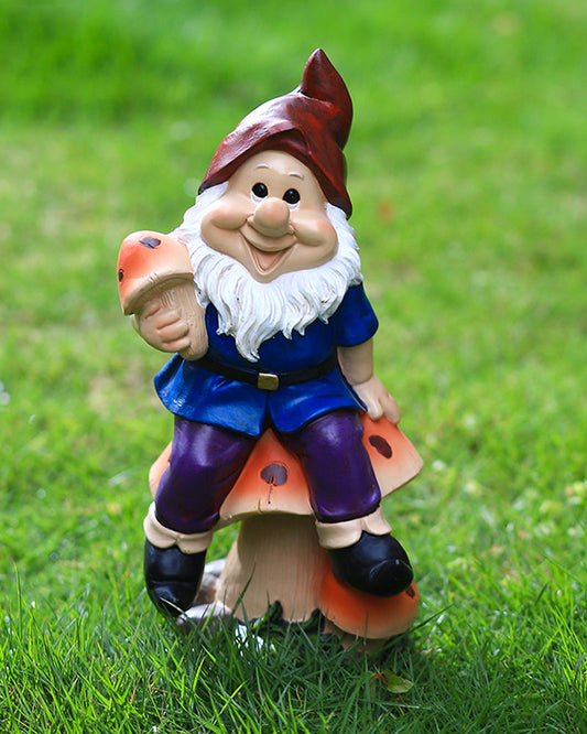 Polyresin Happy Gnome on Mushroom Statue