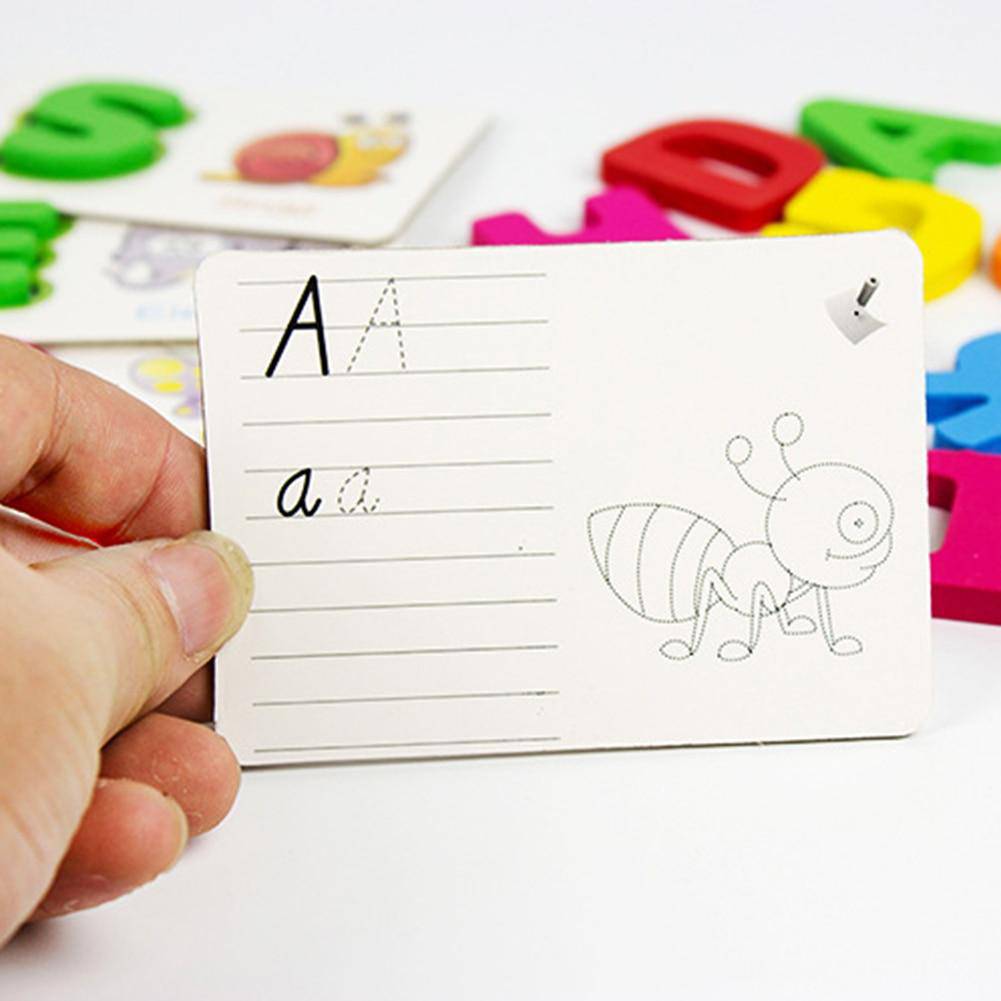 51Pcs Wooden English Alphabet Puzzle with Flash Paper Cards with Pen