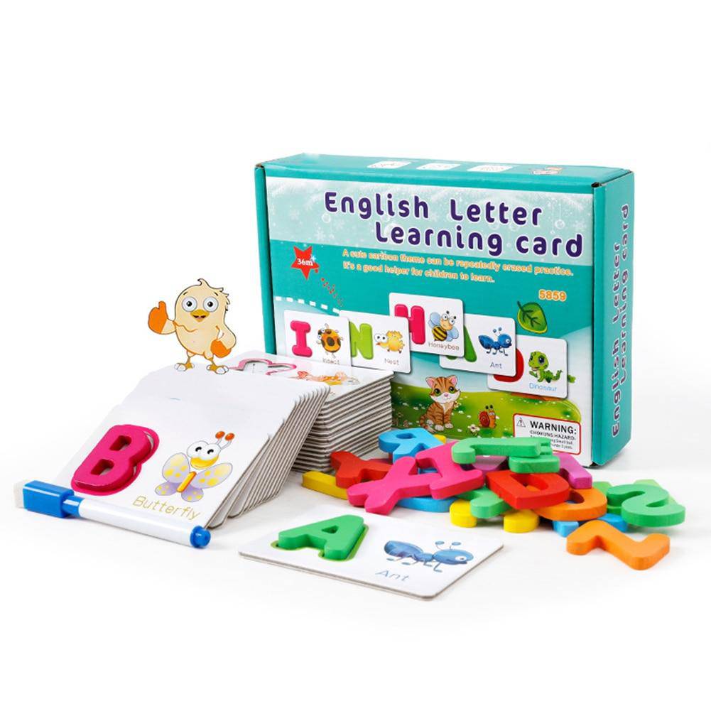 51Pcs Wooden English Alphabet Puzzle with Flash Paper Cards with Pen