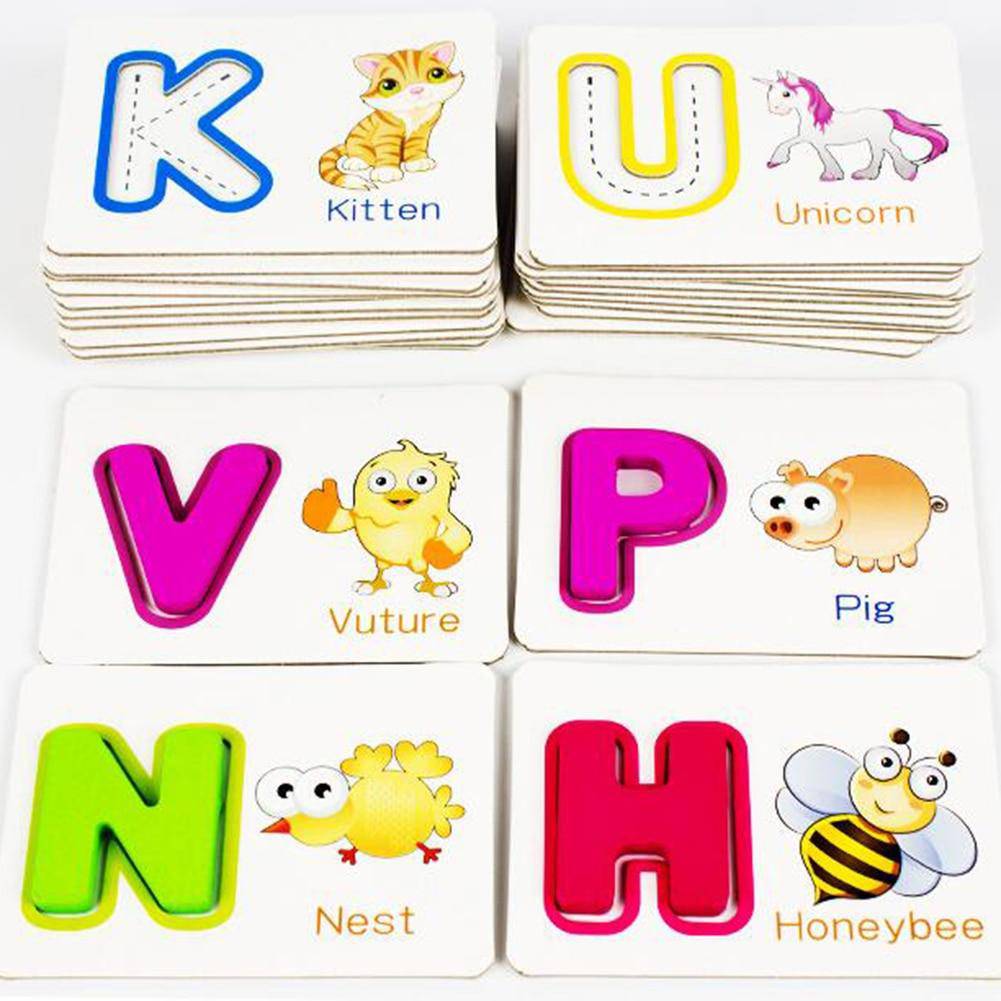 51Pcs Wooden English Alphabet Puzzle with Flash Paper Cards with Pen