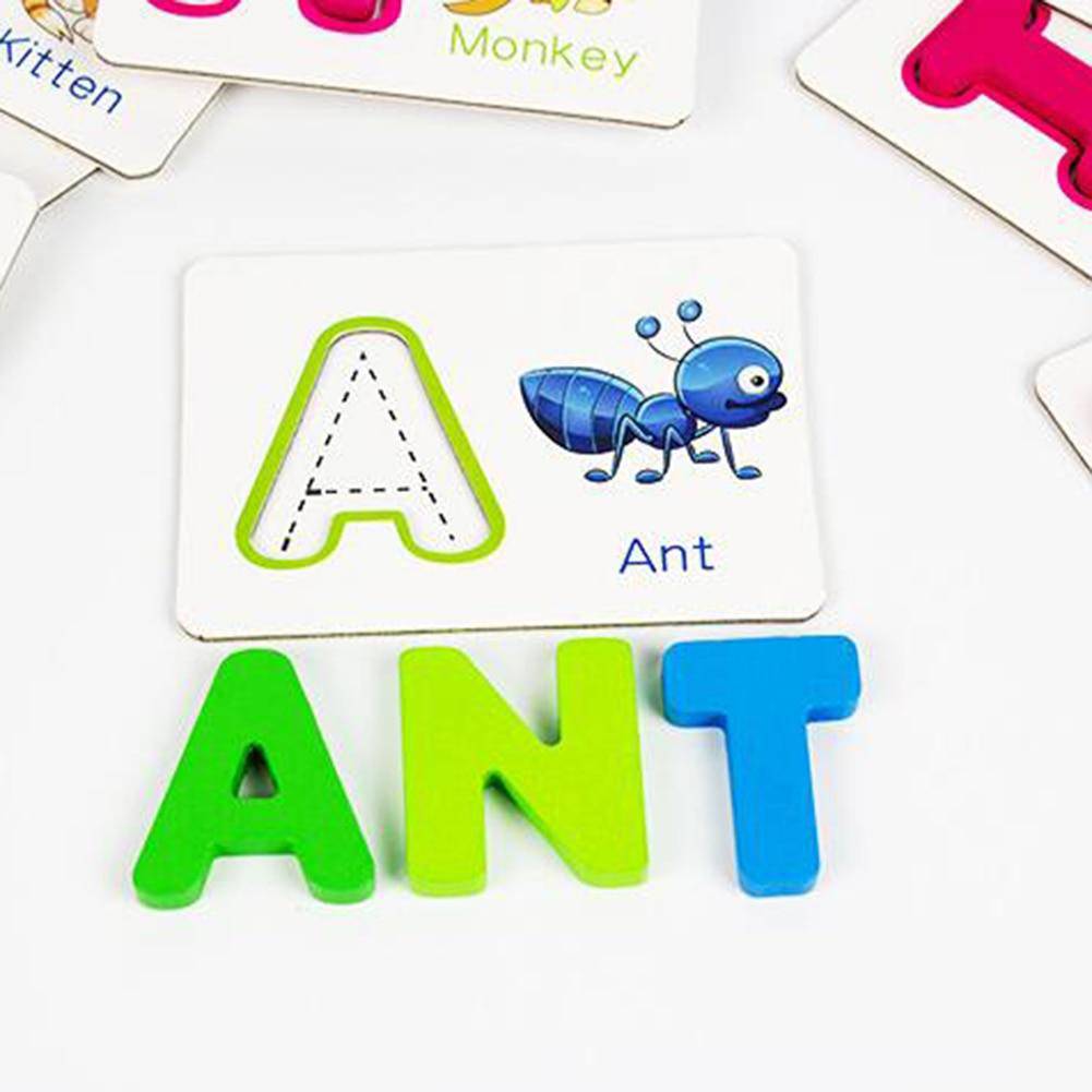 51Pcs Wooden English Alphabet Puzzle with Flash Paper Cards with Pen