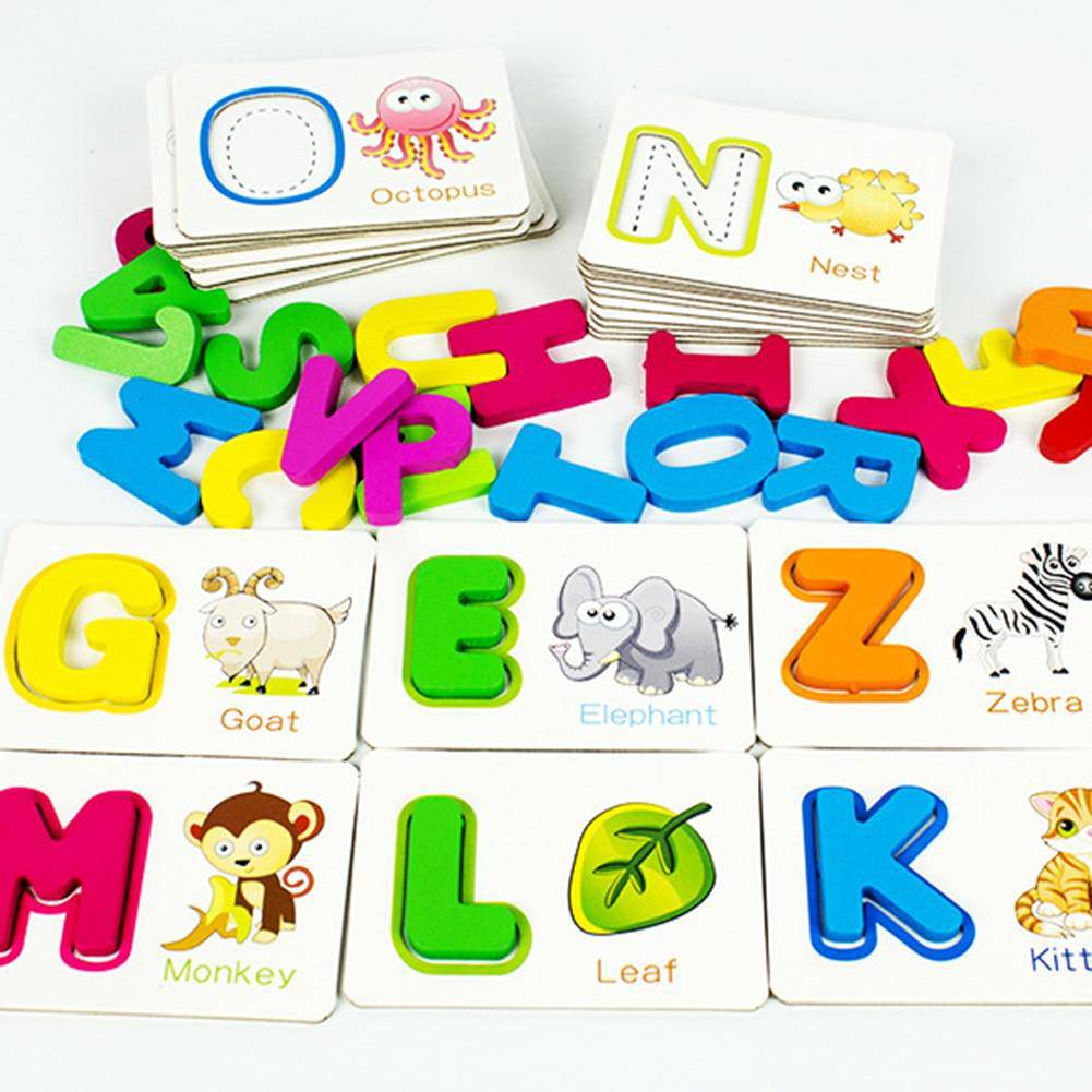 51Pcs Wooden English Alphabet Puzzle with Flash Paper Cards with Pen