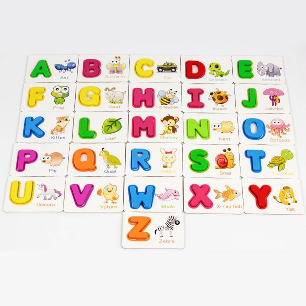 51Pcs Wooden English Alphabet Puzzle with Flash Paper Cards with Pen