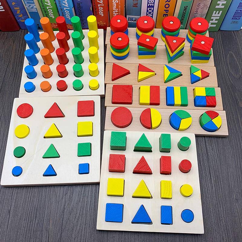 Set of 8 Wooden Montessori Educational Geometric Shape Puzzle Toys