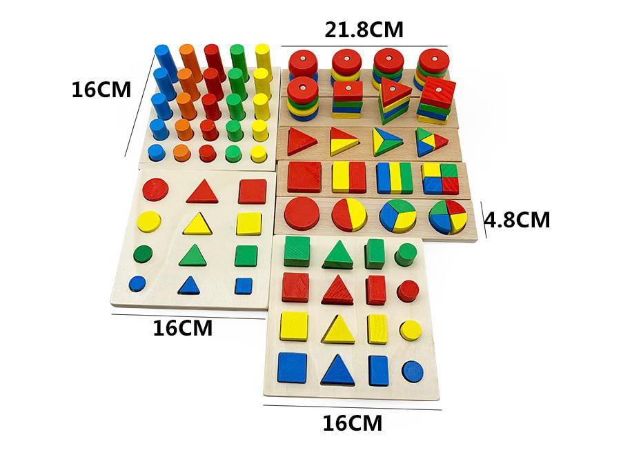Set of 8 Wooden Montessori Educational Geometric Shape Puzzle Toys